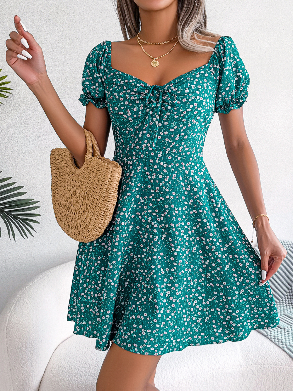 Women Casual Square Neck Flare Short Sleeve Floral Dress, Elegant A Line Spring Summer Dress For Fashionable Women red m
