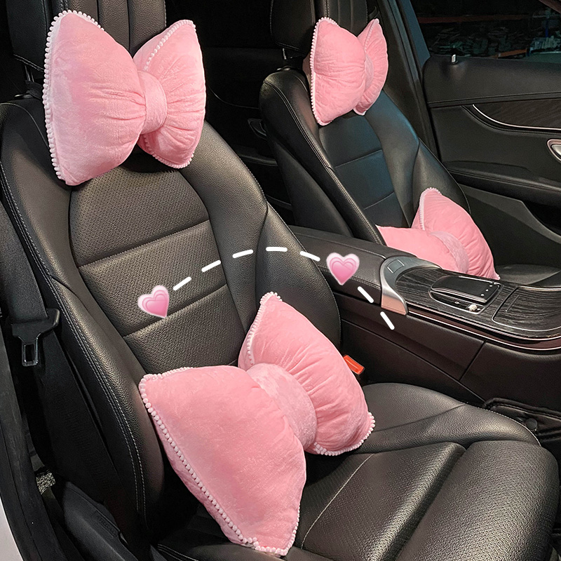Soft Plush Car Headrest, Comfortable Lumbar Support Cartoon Bowknot Pillow For Car Interior And Winter Decoration d