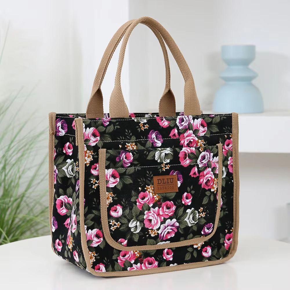 ThermaFlora Large Floral Print Insulated Lunch Bag With Portable Ice Pack black