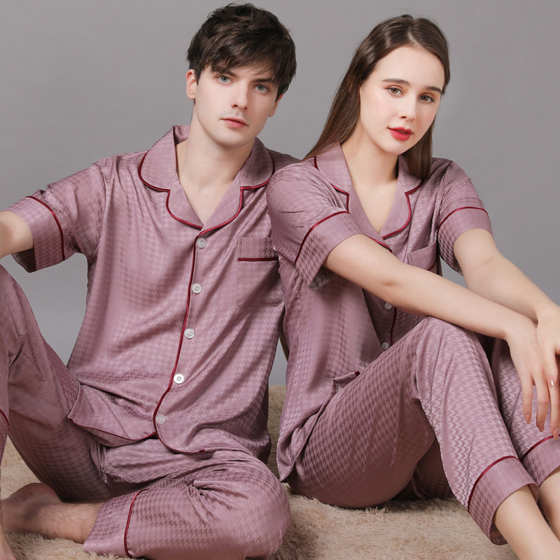 Summer Short Sleeve Couple Pajamas Suit Men Ice Silk Satin Long Pant Sleepwear High Quality Couples Set red men 2xl 80 90kg