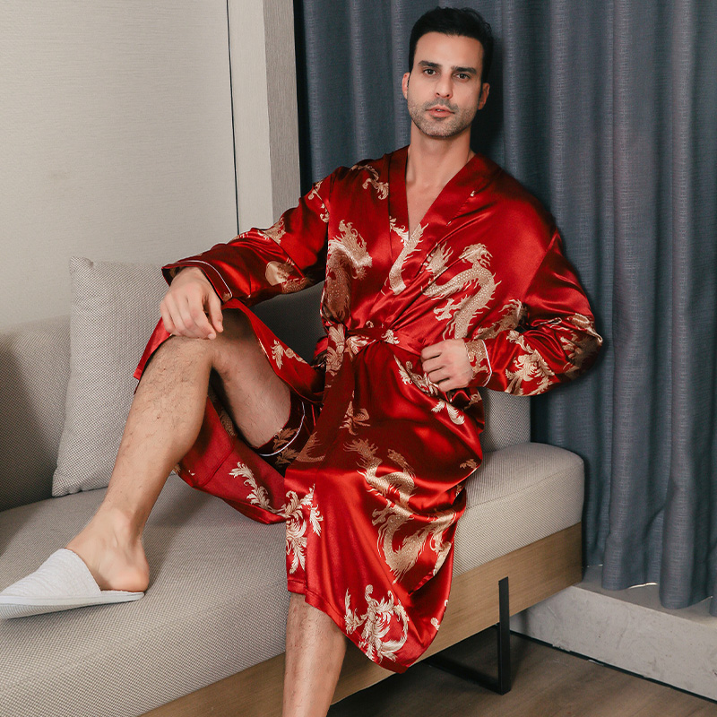 Silk Men's Pajama Oversized Long Sleeved Bathrobe Ice Silk Spring Autumn Home Clothing For Summer red xxl