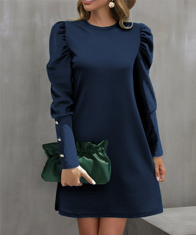 Solid Color Round Collar Bubble Sleeve Button Long Sleeved Dress, Women's Autumn And Winter New Fashion Outfit gold xxl