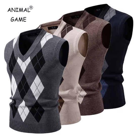 Mens Argyle Knit Vest V Neck Sleeveless Slim Fit Pullover Sweater beige xl