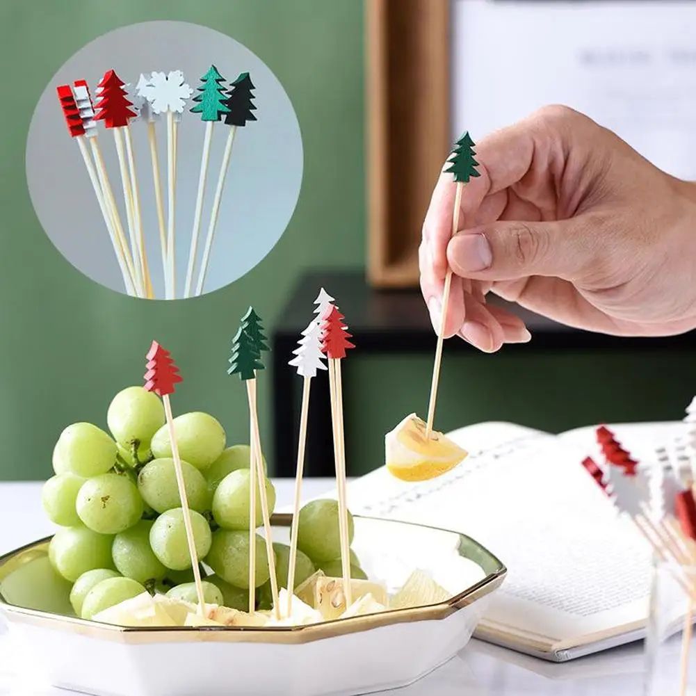 50 Piece Christmas Fruit Picks Bamboo Party Fork Set With Santa, Snowflake, Tree & Reindeer Designs santa 50pcs