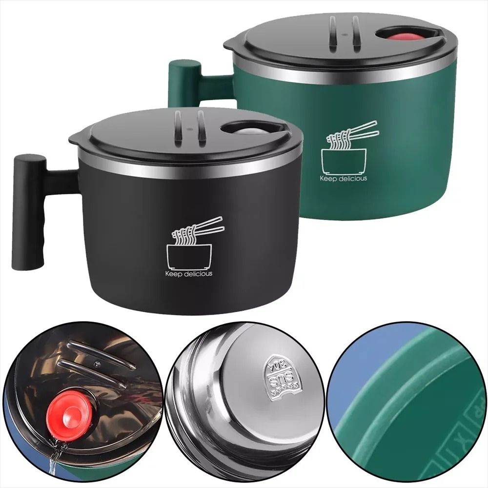 Stainless Steel Ramen Bowl & Insulated Lunch Container 1000ml Large Soup Bowl With Phone Stand black