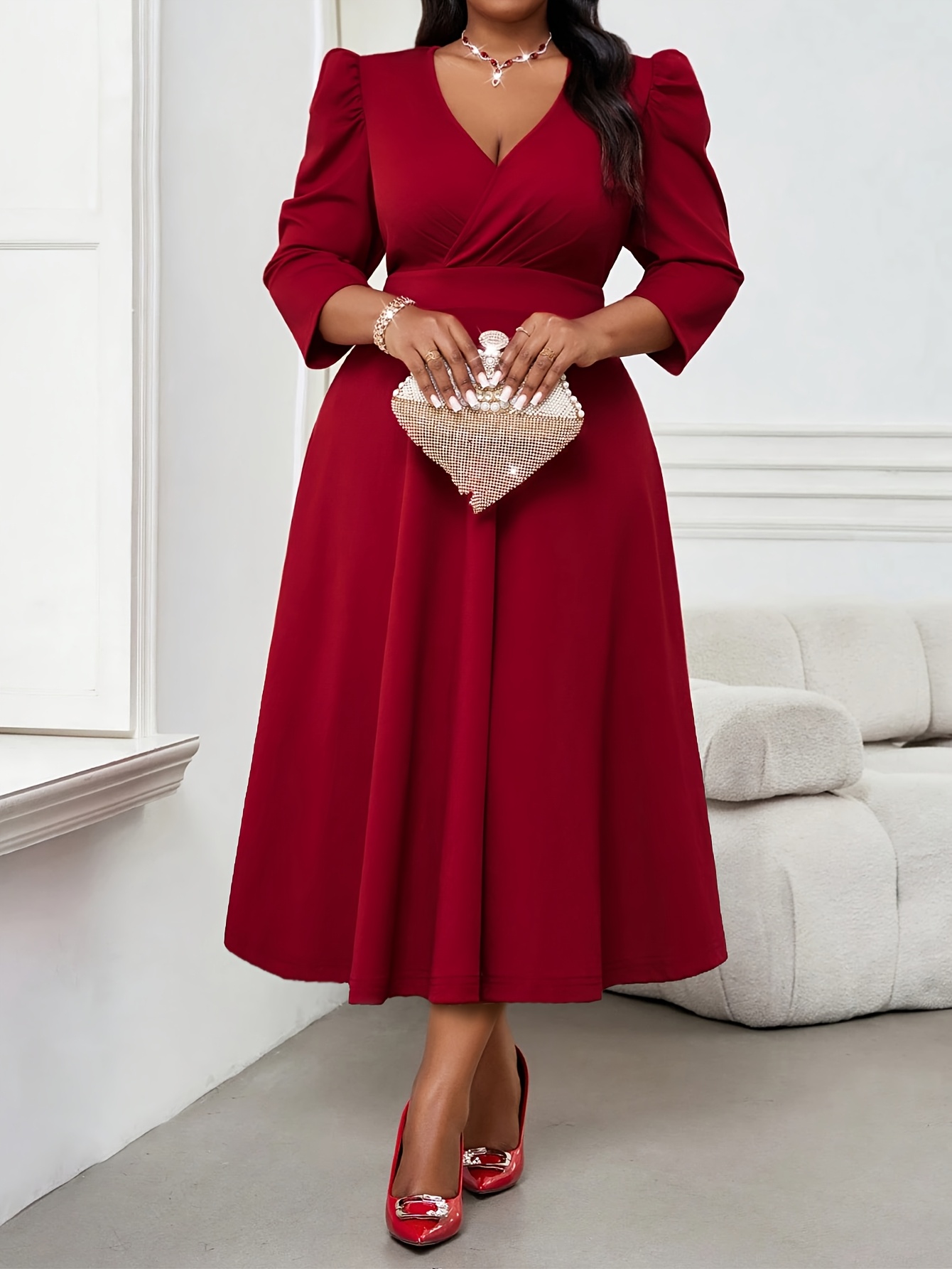 Elegant Red Dress For Large Sized Women, High End Womens Wear, Spring And Autumn Three Quarter Sleeves red xl