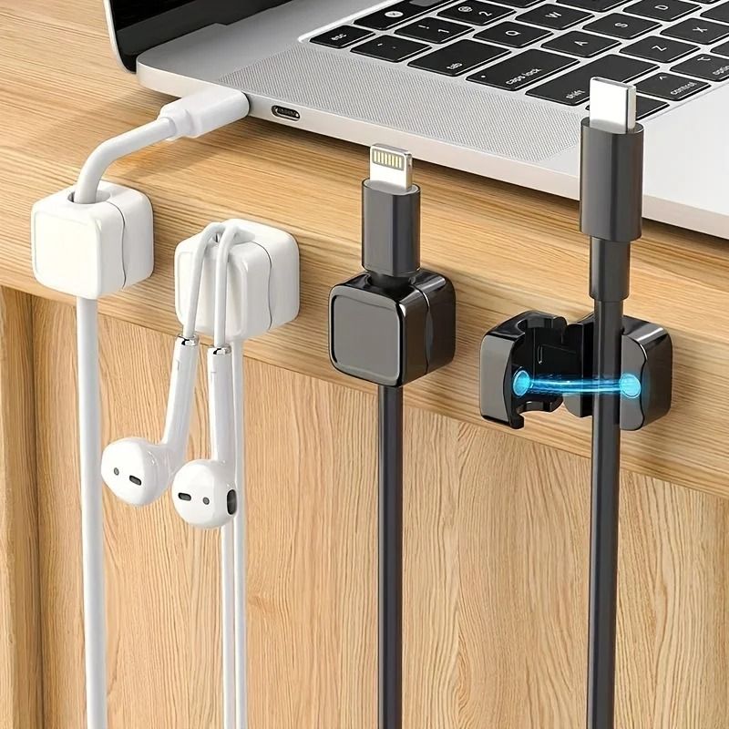 10pcs Magnetic Cable Organizer Set Punch Free Desktop & Car Cord Clips white