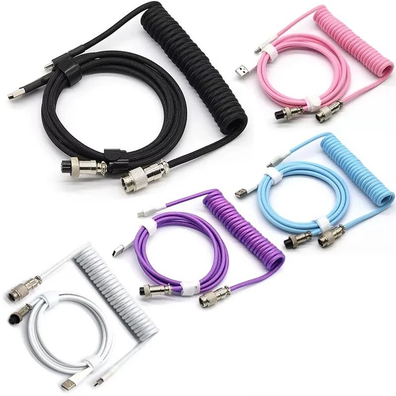 Type C Mechanical Keyboard Coiled Cable With Aviator Connector pink White