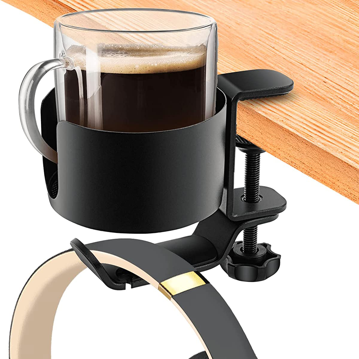 Desk Cup Holder With Headphone Hanger, Bottle Holder, Adjustable Arm Clamp, Headset Hook Desk Cup Holder With Headphone Hanger, Bottle Holder, Adjustable Arm Clamp, Headset Hook