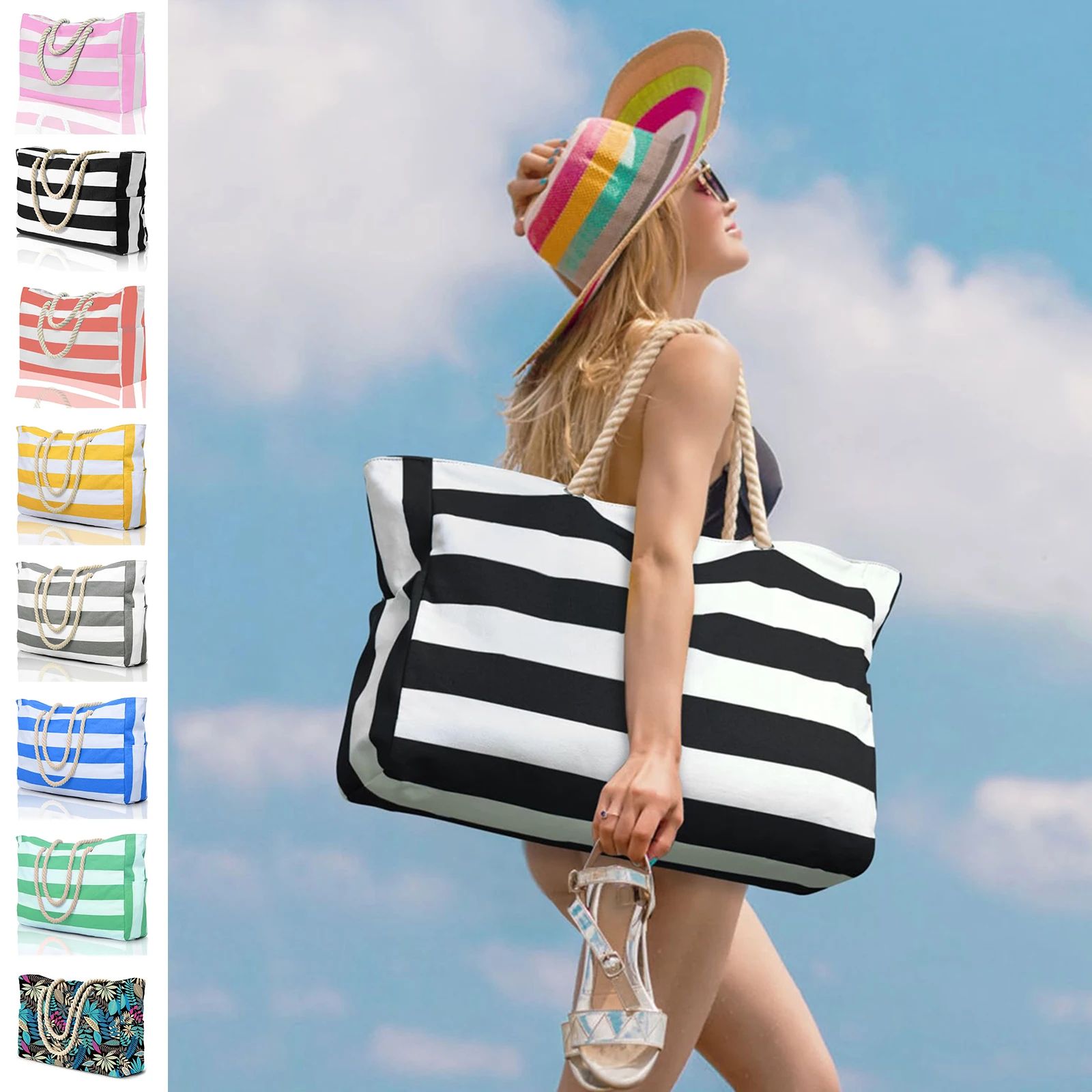 Striped Waterproof Foldable Beach Bag pink