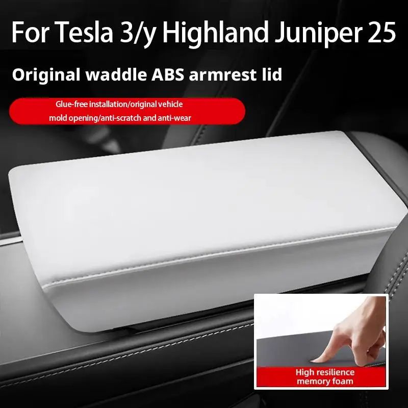 Tesla Model 3 Y Armrest Box Pad Cover Soft TPE Leather Center Console Lid Protector, Cushion Comfort, Easy Clean white