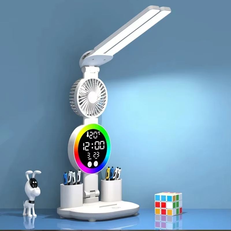 USB Charging LED Table Lamp With Adjustable Brightness Fan And Clock Display plug In Model