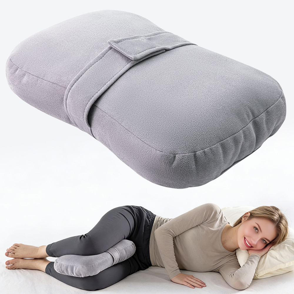 Plush Knee Pillow For Side Sleeper, Support Leg Pillow For Hip & Back Pain, Secure Bind Belt, Machine Washable Cover grey