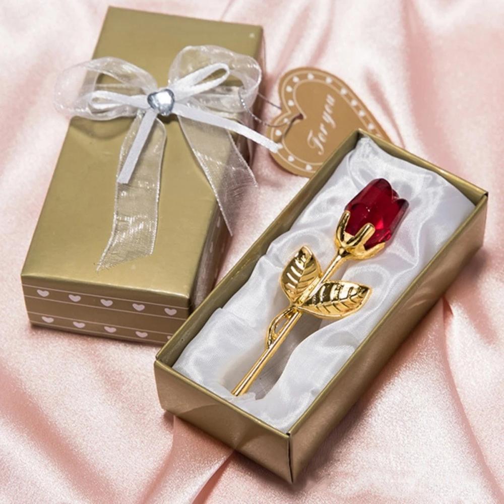 Crystal Glass Rose Valentine's Day Gift Artificial Flower Silver Gold Rod Wedding Gifts For Guest Girlfriend sliver Red