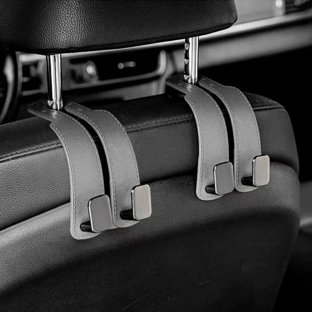 Universal Vegan Leather Car Headrest Hook And Luxury Interior Organizer grey