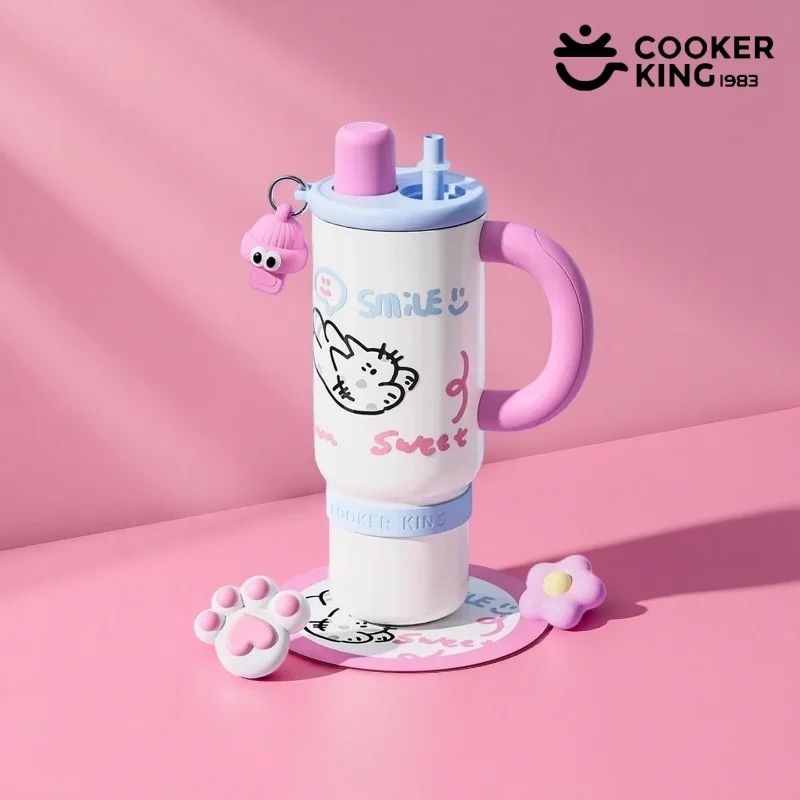 Cooker King Cute Insulated Travel Mug With Straw Stainless Steel Thermos Cup 1.2L Cooker King Cute Insulated Travel Mug With Straw Stainless Steel Thermos Cup 1.2L
