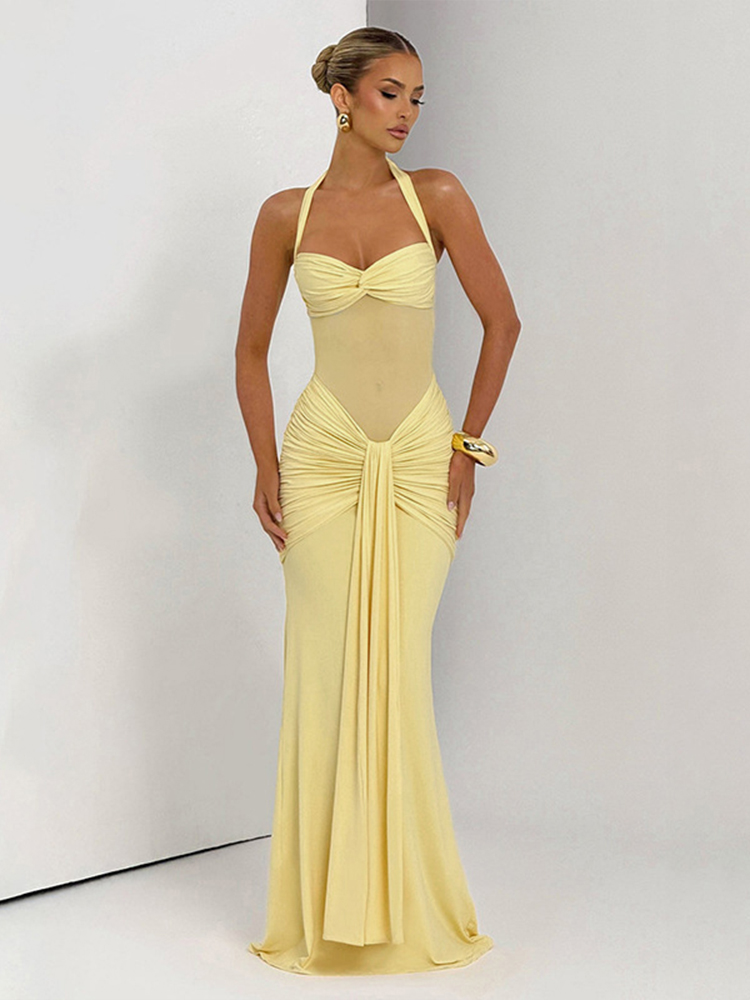Sexy Patchwork Elegant Maxi Dress Women Trendy Halter Backless Bodycon With Sheer Ribbons For Evening Wear yellow l