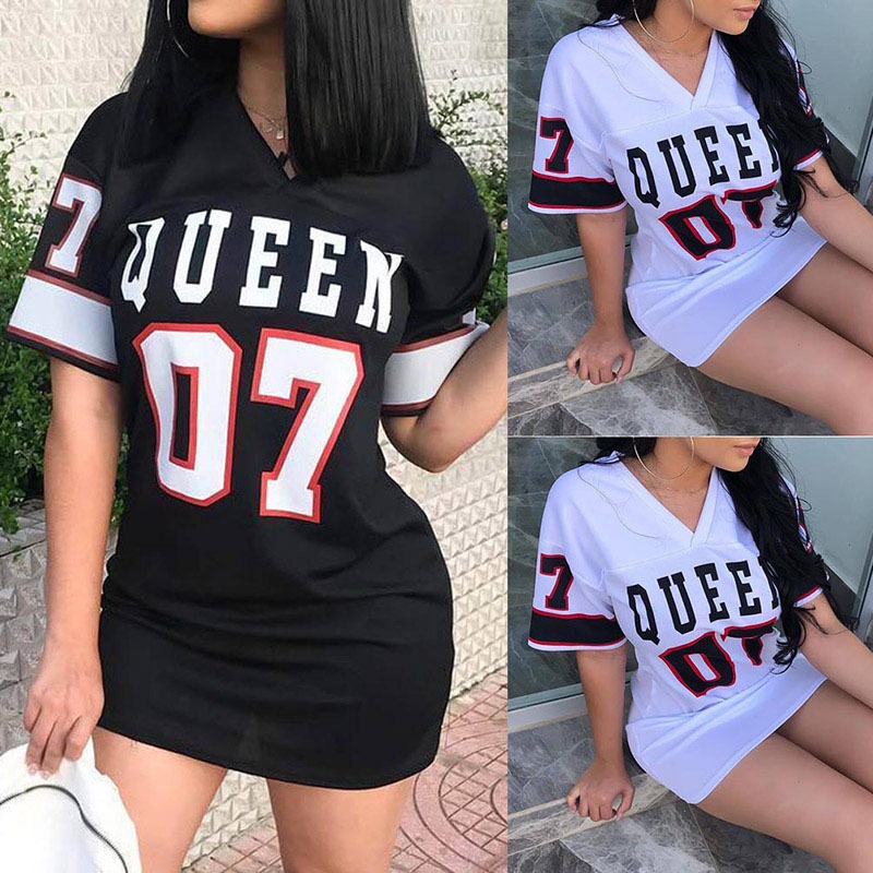 V Neck Queen Letters Print Dress Short Sleeve Basketball Sporty Style Sexy Loose Female Clothing Streetwear black s