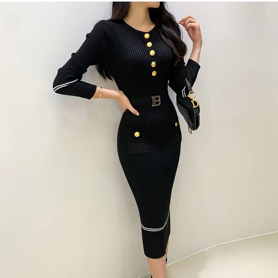 Slim Feeling Autumn Winter French Style Celebrity Temperament Dress With Round Collar And Wrap Hip Design one Size pink