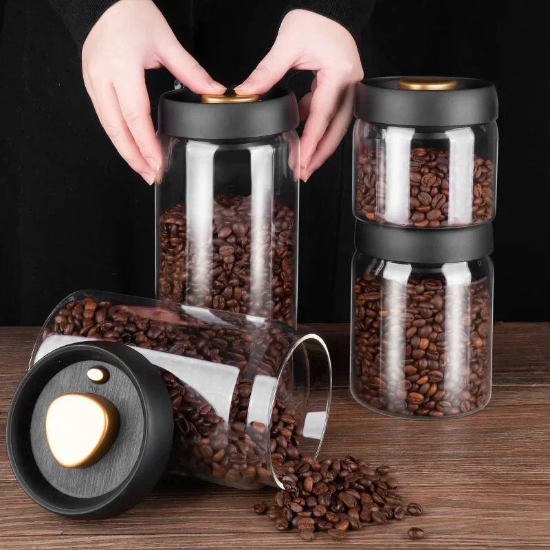 Transparent Glass Coffee Beans Storage Jars, Vacuum Sealed Tank, Airtight Food Storage, Household Moisture proof 1200ml