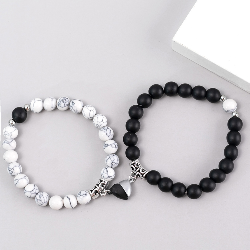 Natural Stone Heart Magnet Distance Couple Bracelets Beads Friendship Fashion Jewelry Gift black White