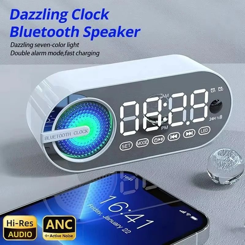 Quiet Wireless Bluetooth Speaker Alarm Clock With RGB TWS And LED Mirror Display For Bedroom And Office black