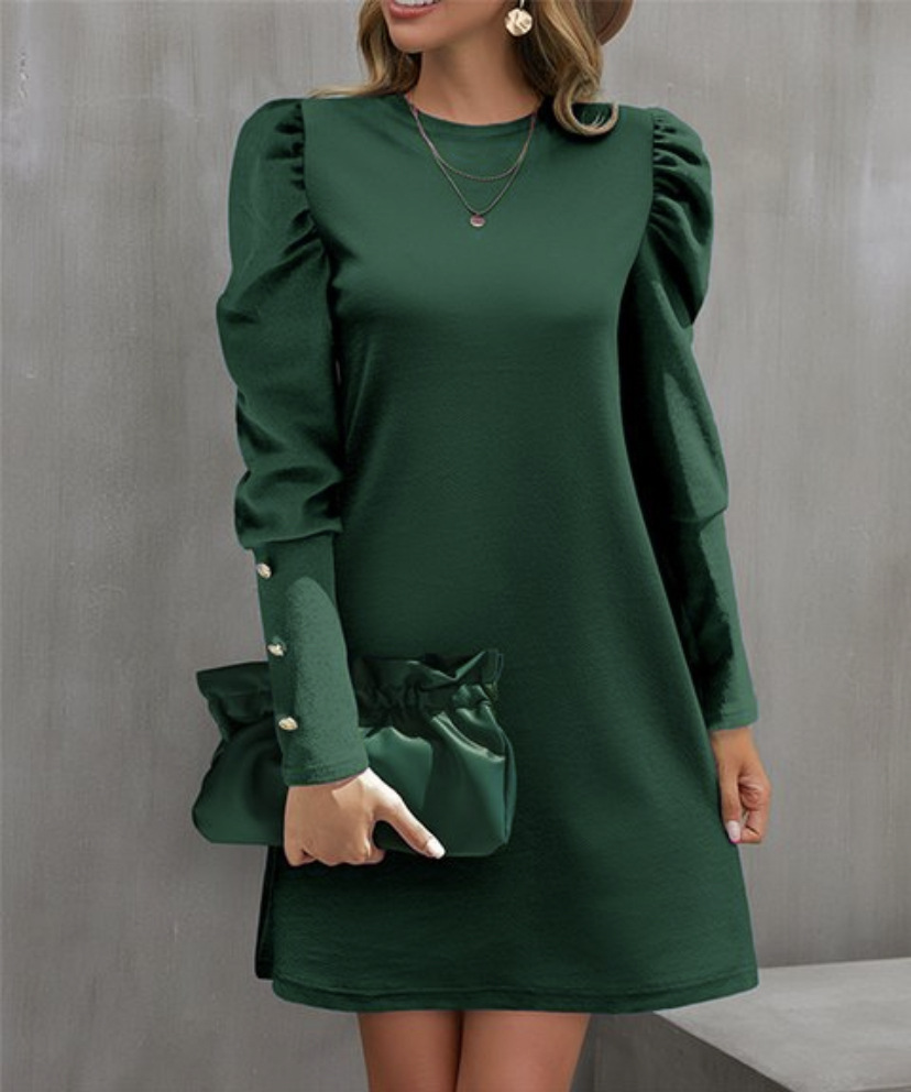 Spring And Autumn Round Neck Bubble Sleeve Dress, Button Decorative Long Sleeve Dress For Women Elegant Daily Wear royal Blue m