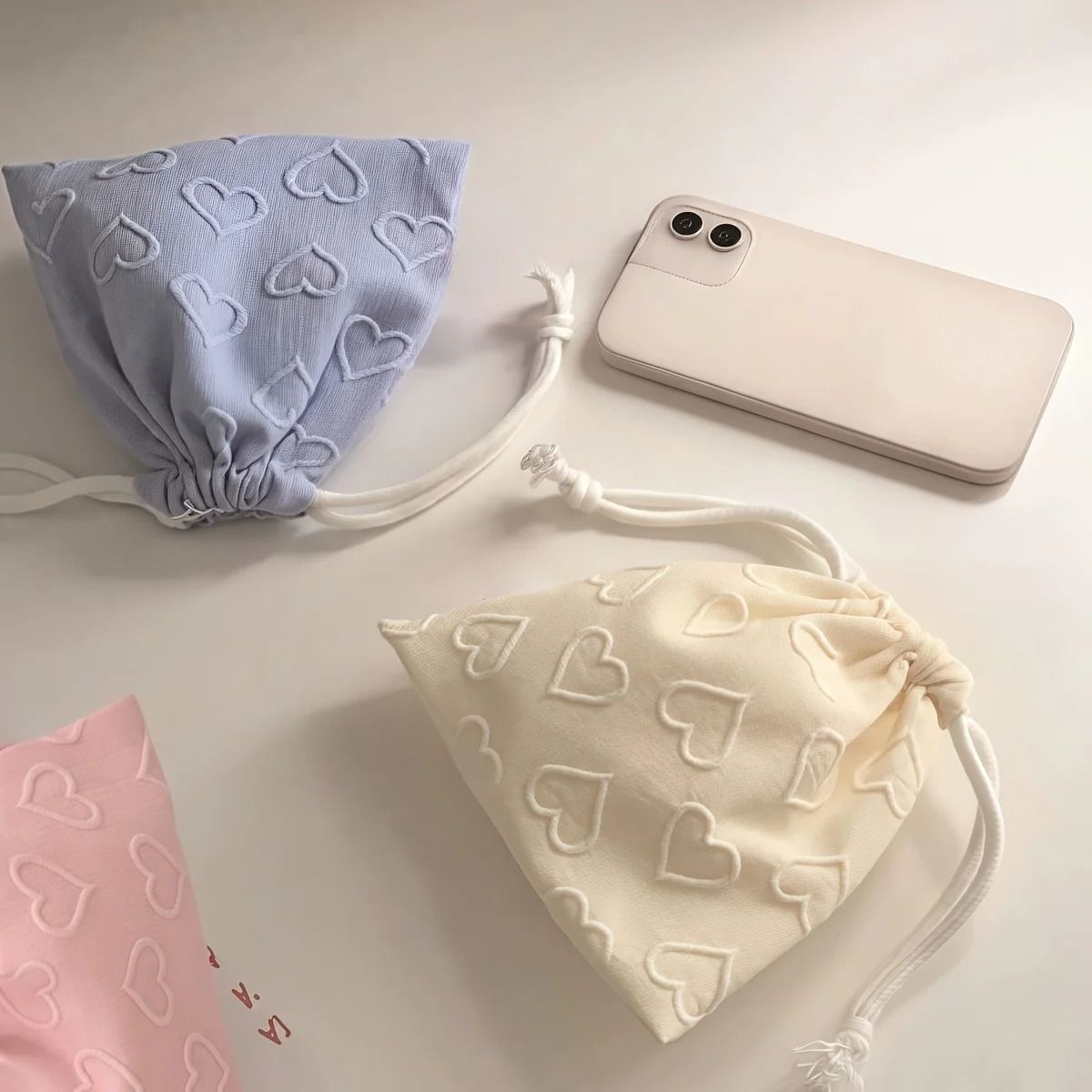 Cute Heart Print Drawstring Storage Bag Travel Cable Organizer white