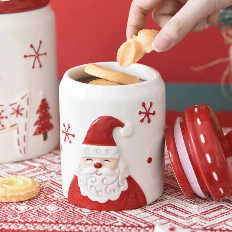Santa Claus Christmas Ceramic Cookie Jar & Serving Plate Set Holiday Tableware For Cookies, Desserts & Snacks e