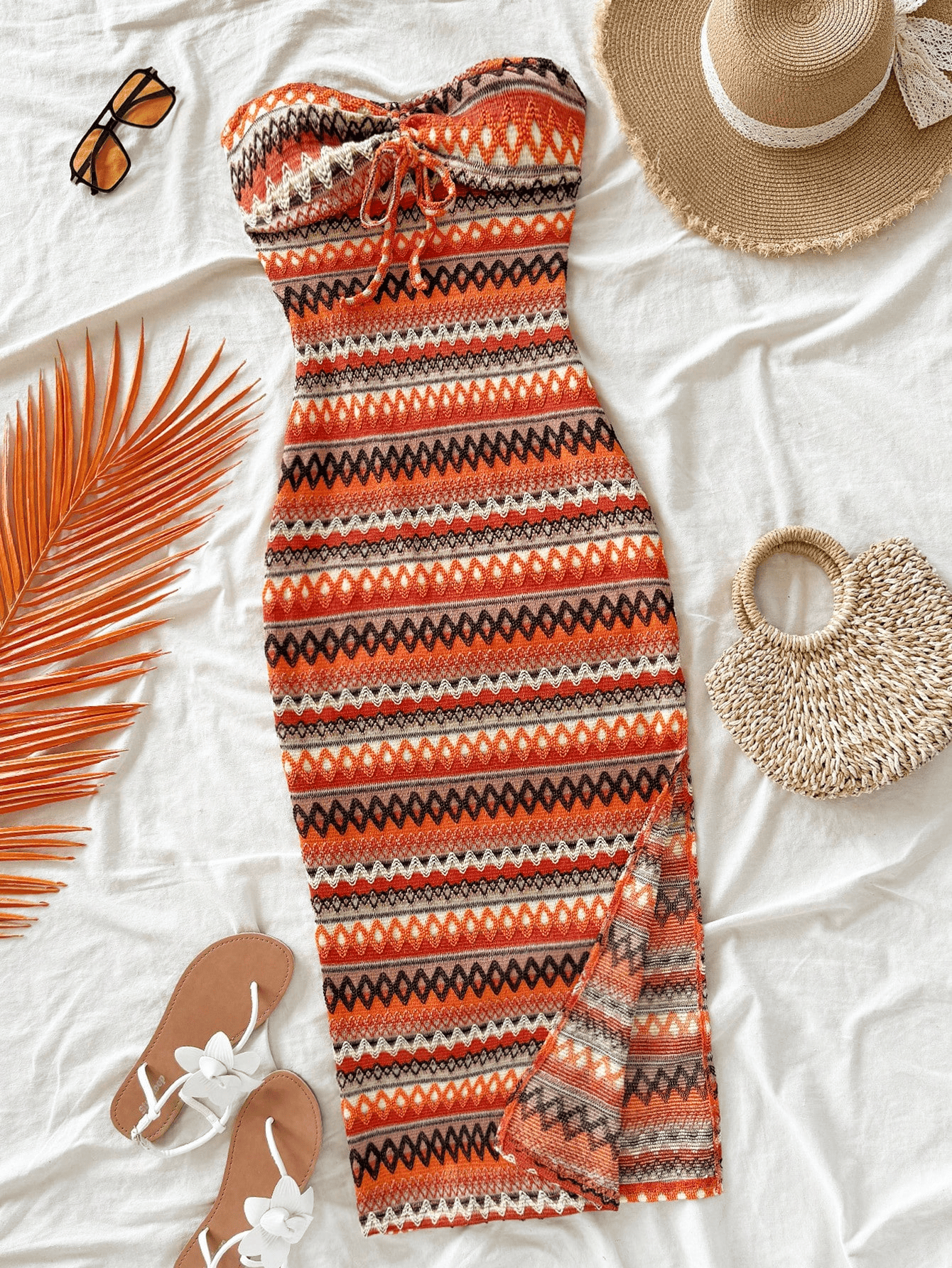 Women's Casual Sexy Bow Wrap Chest Patchwork Slim Dress, Striped Slit Design, Stylish Comfort orange m