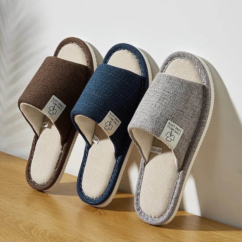 Breathable Linen Open Toe Slippers Comfortable Indoor House Shoes For Men & Women coffee 44 45 (11.5 12.5)