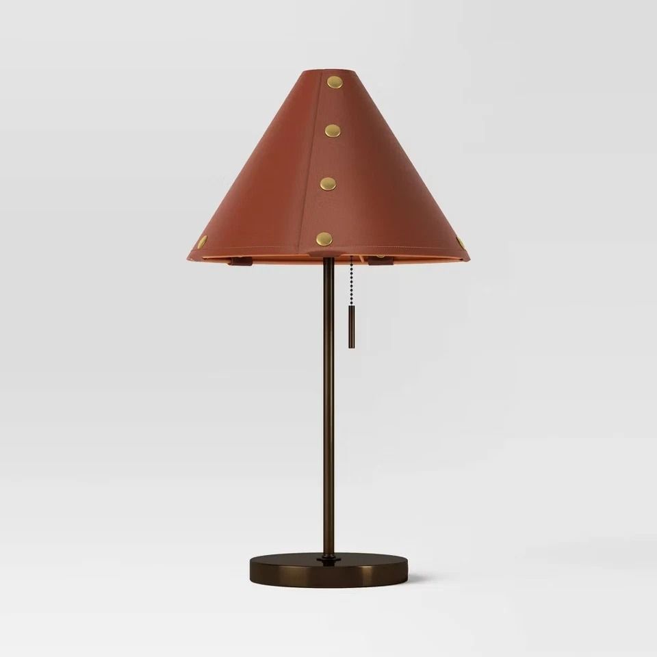 Threshold Table Lamp With Leather Shade, Metal Cone Base Threshold Table Lamp With Leather Shade, Metal Cone Base