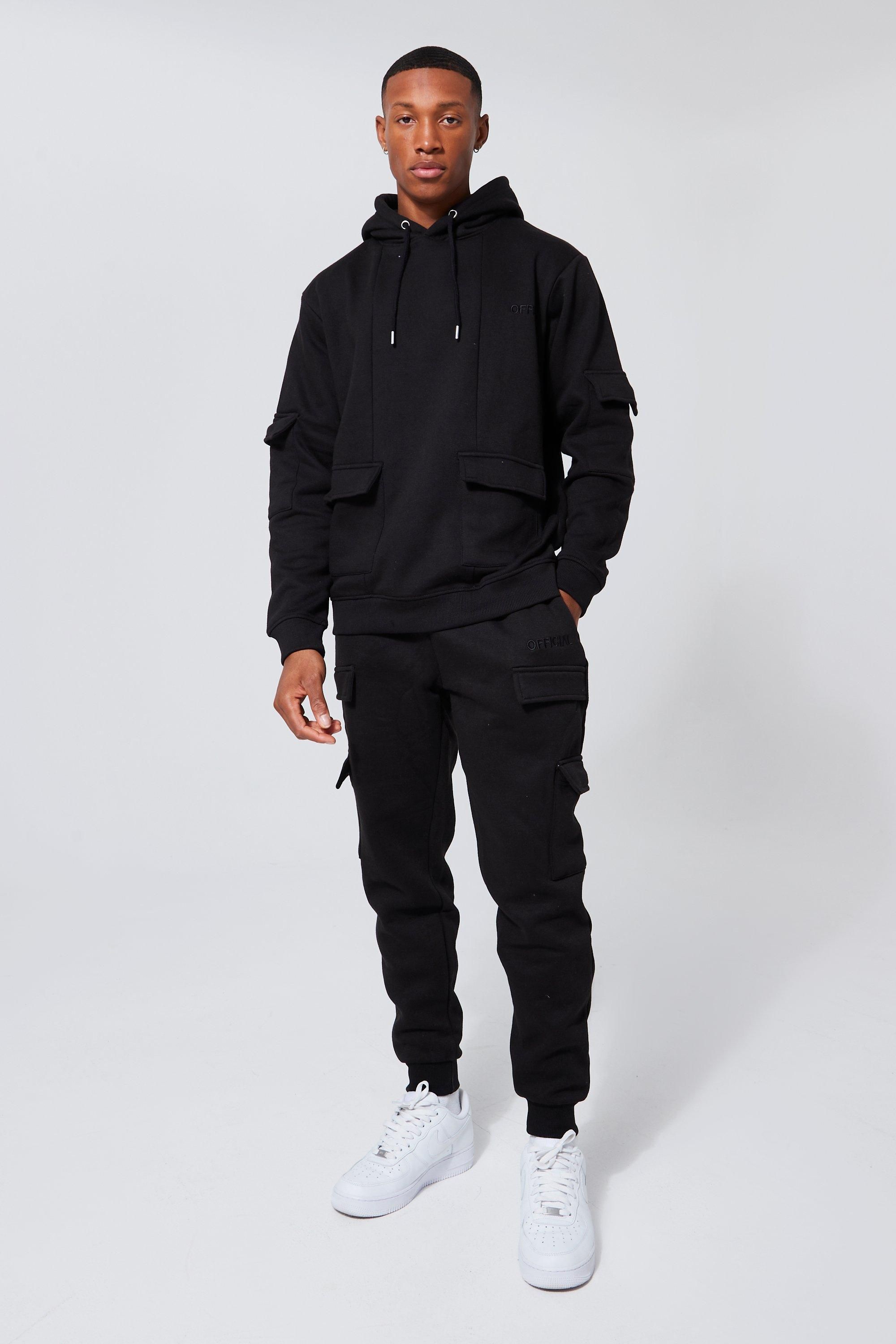 Boohooman Mens Regular Fit Official Man Cargo Hooded Panelled Tracksuit - Black - Size Small | Boohooman Sale | Discount Designer Brands