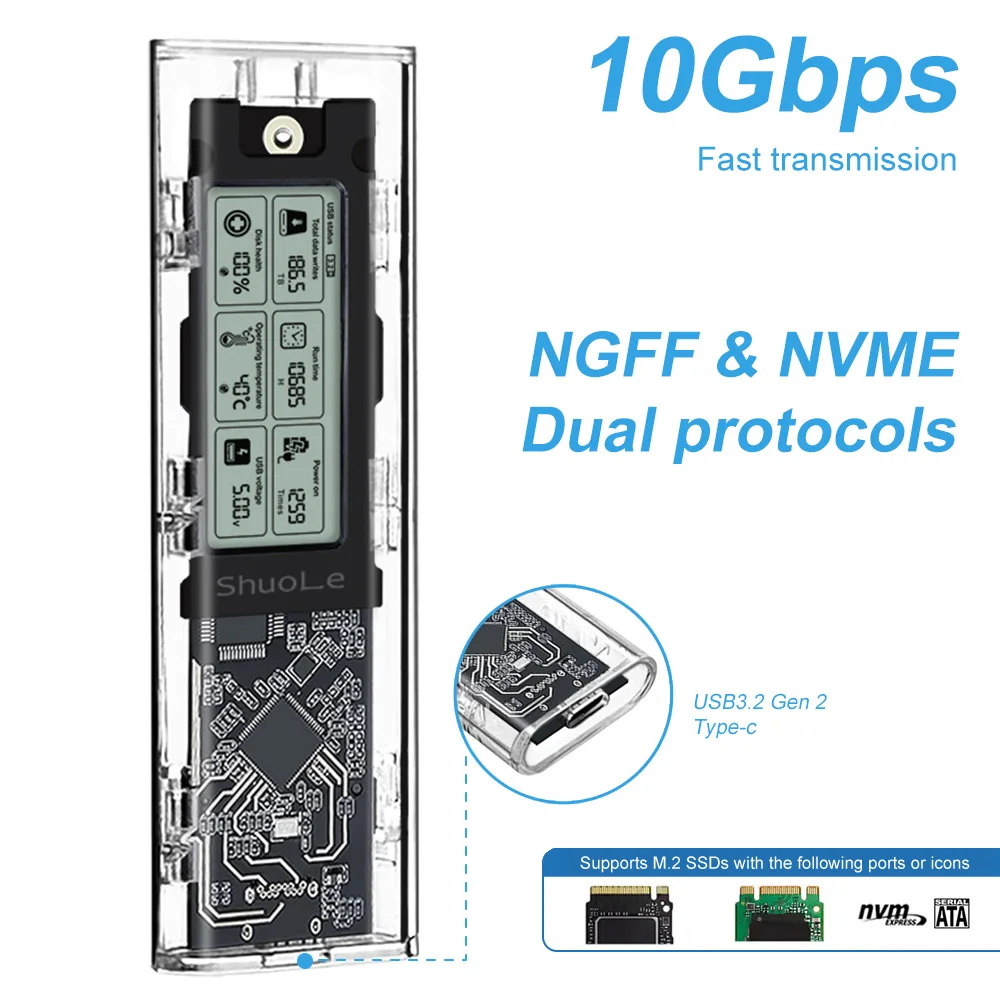 NVMe/NGFF Dual-Protocol Smart Digital Display M.2 SSD-Gehäuse mit USB 3.2 Gen 2 10 Gbit/s und NVMe 20 Gbit/s Image