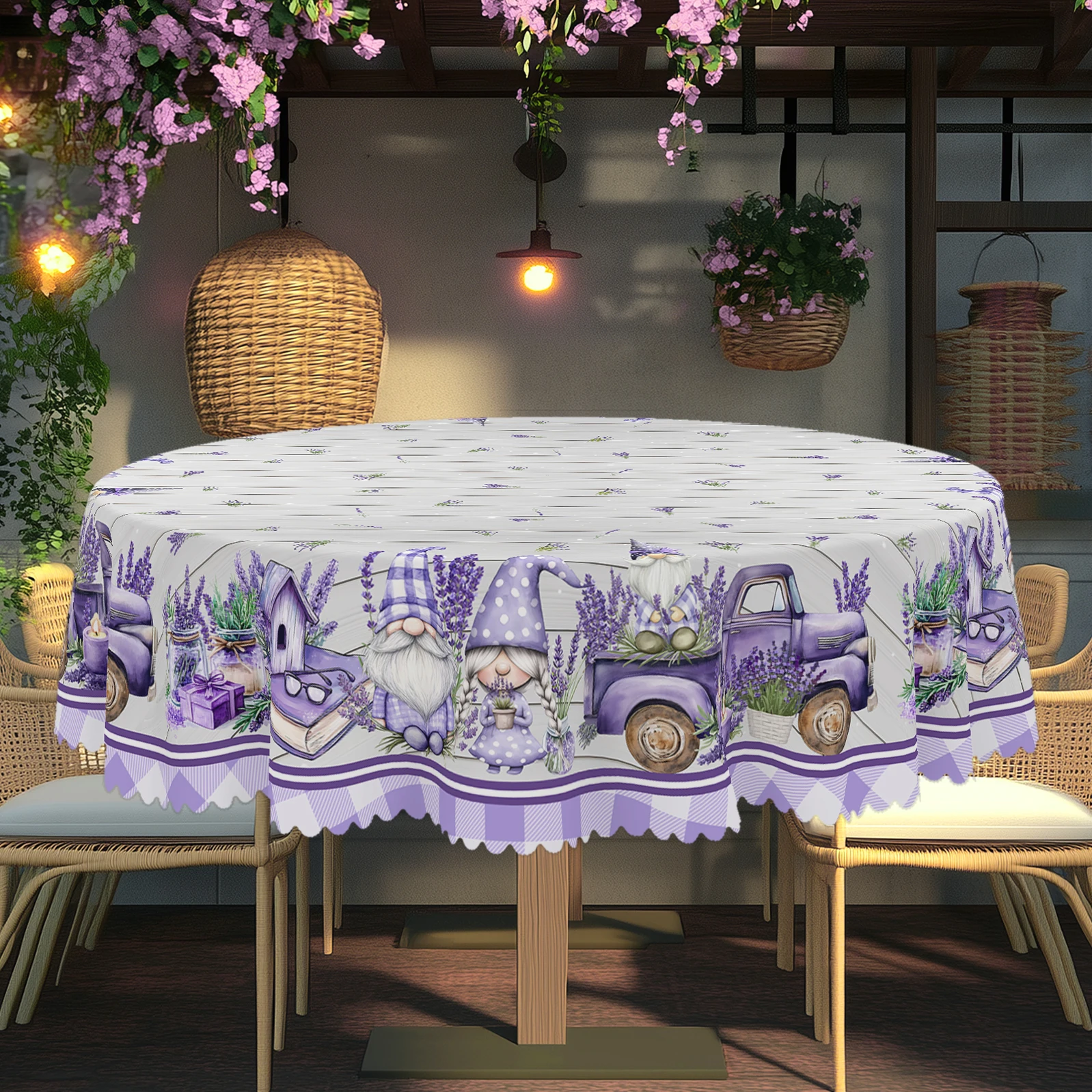 1 Stück Lavendel-, Zwerg-, Holzmaserungsmuster-Polyester-Tischdecke mit gewellter Kante, geeignet für die Küchendekoration zu Hause, Raumdekoration Image