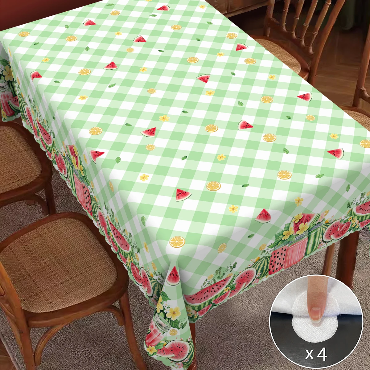 1 Stück Wassermelone, Wassermelonensaft, kariert, Zitrone, Tischdecke im Sommerstil mit gewelltem Rand, geeignet für die Heim- und Küchendekoration, Ro Image