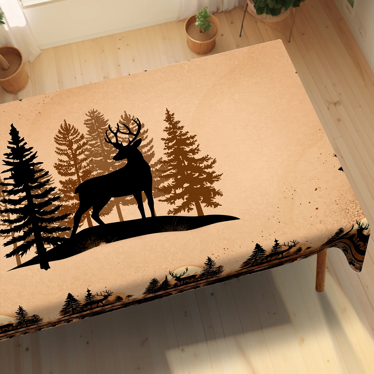 1 rustikale braune Hirsch-Tischdecke mit Bärentatze-Aufdruck und Baum-Design – geprägter Rand, Hirsch-Heimdekoration Image