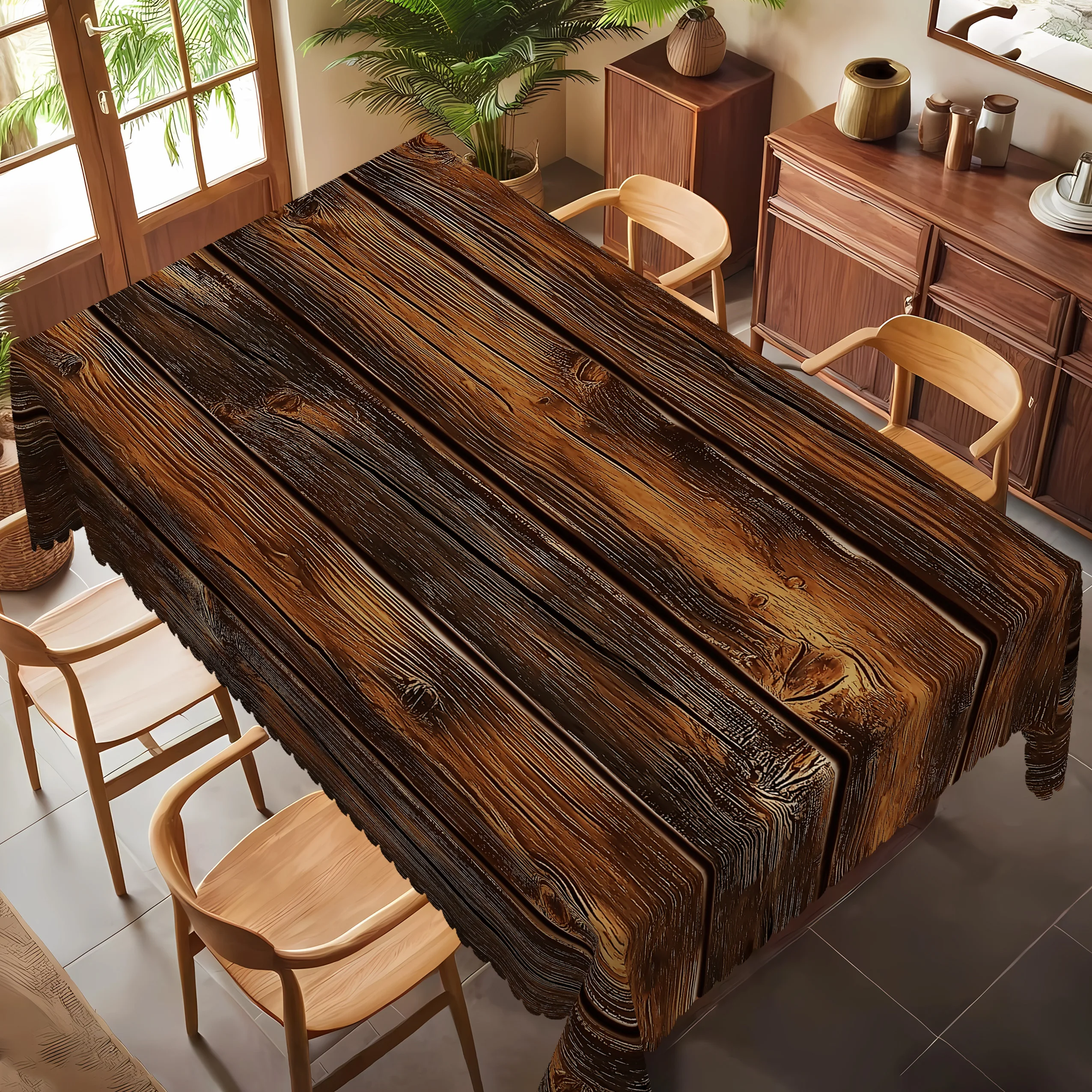 1 Stück Polyester-Tischdecke im Stämme-Stil mit Holzmaserung und gewelltem Rand, geeignet für die Küchendekoration zu Hause, Raumdekoration Image