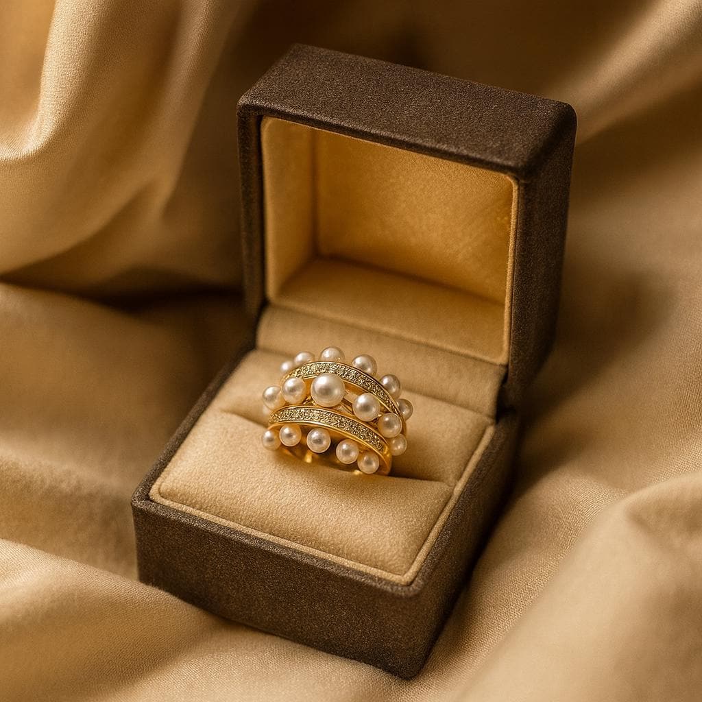 Anello con perla dorata * Anello da cocktail regolabile con tripla fascia * Elegante anello con perla sintetica per donna