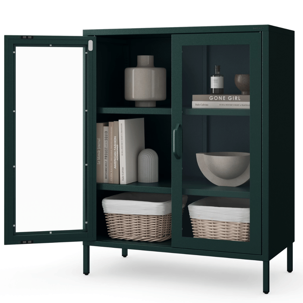 Jan Nowak Vitrinenschrank Wohnzimmer klein GINA 3 Ebenen, Metall | Glasvitrine Bücherschrank Büroschrank Aktenschrank mit Glasfenster 101,5x80x40cm Dunkelgrün Image