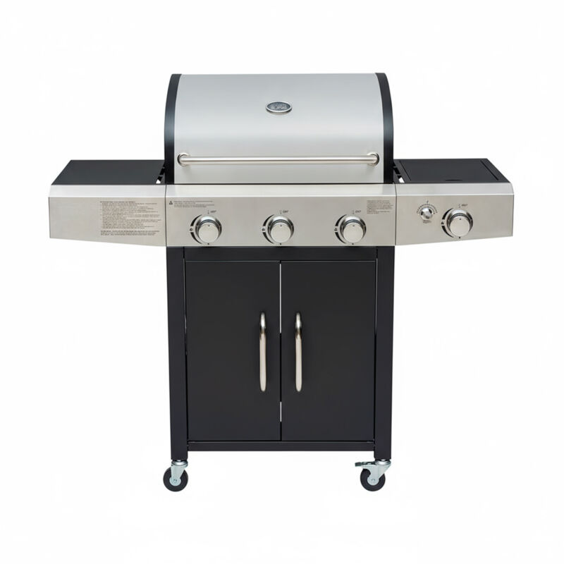Barbecue A Gas Professionale Xxl Da 13 Kw Con 4 Bruciatori In Acciaio Inox 304 Con Fuoco Laterale Termometro Coperchio Doppio Griglia Di Cottura 65 X 42 Cm Scaldavivande Ruote 135 × 50 × 120 Cm Nero