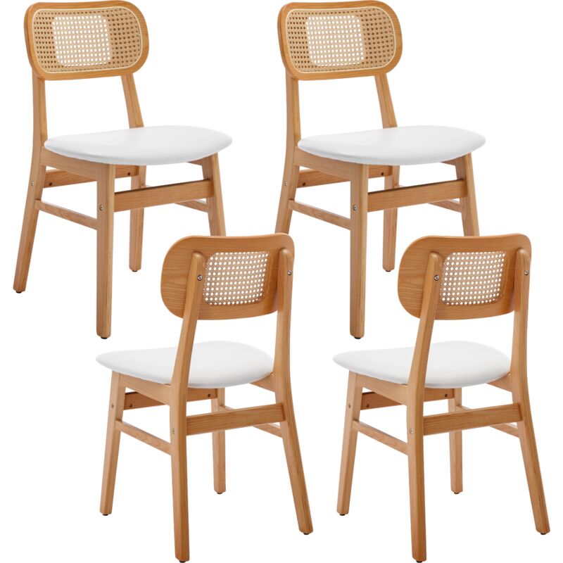 Set Di 4 Sedie Da Pranzo In Rattan Sedie Da Cucina Gambe In Legno Sedia Da Salotto Imbottite Cuscino In Pu Per Soggiorno, Bianco