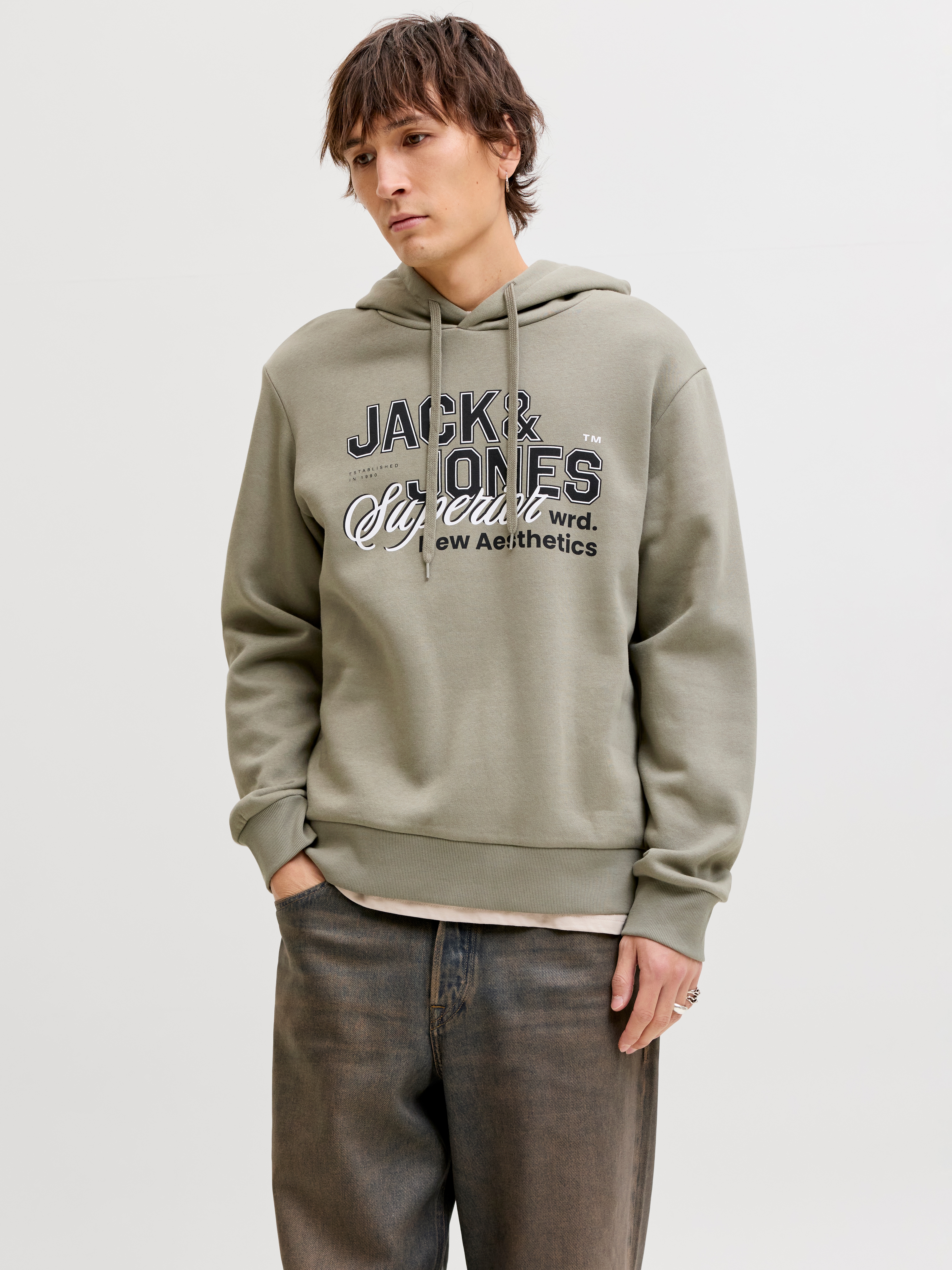 Kapuzensweatshirt JACK & JONES "JJELOGO SWEAT HOOD 2 COL 25/26 NOOS", Herren, Gr. S, vetiver, angeraute Sweatware, Obermaterial: 70% Baumwolle, 30% Polyester, bedruckt, regular fit normal, Rundhals, Rippbündchen, Sweatshirts, mit stylischem Print