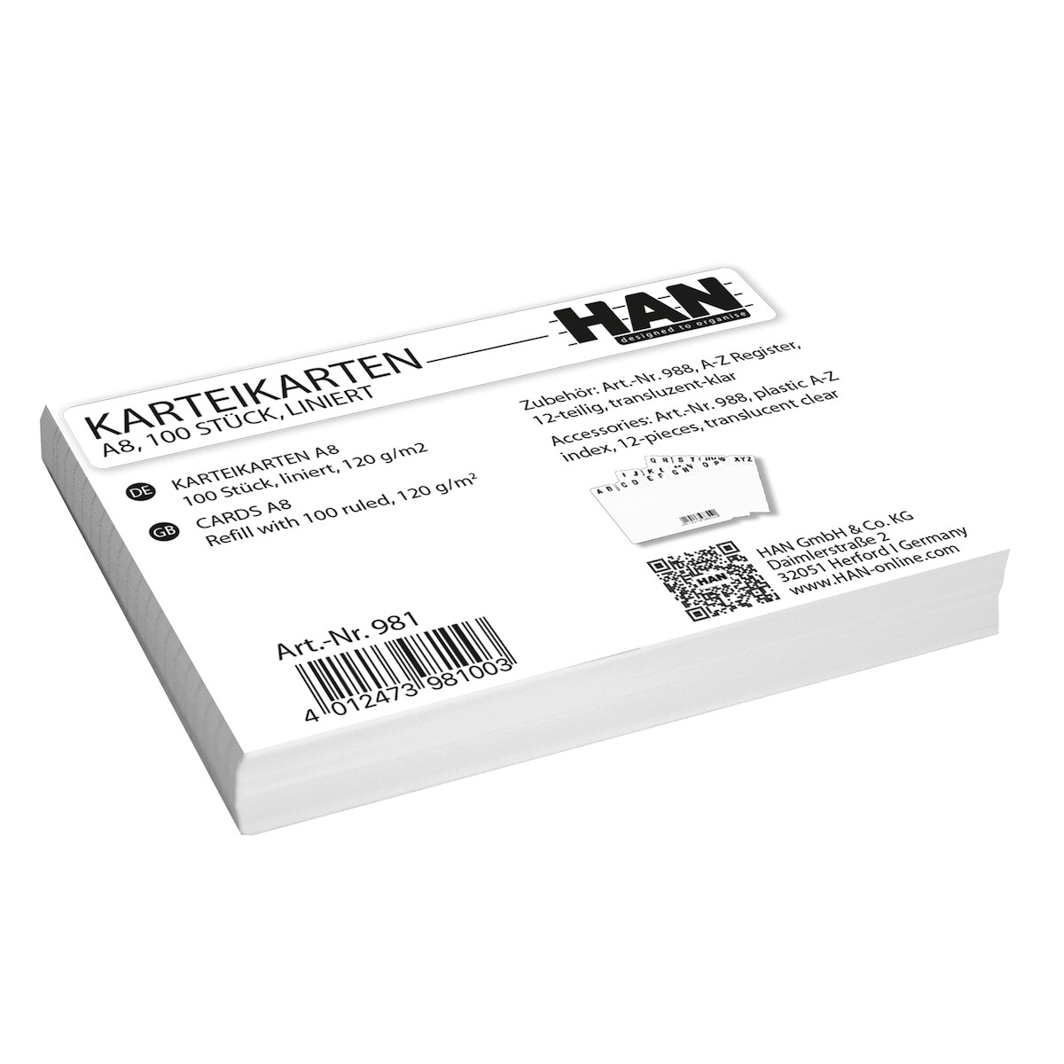 HAN 981D Karteikarten DIN A8, weiß Image