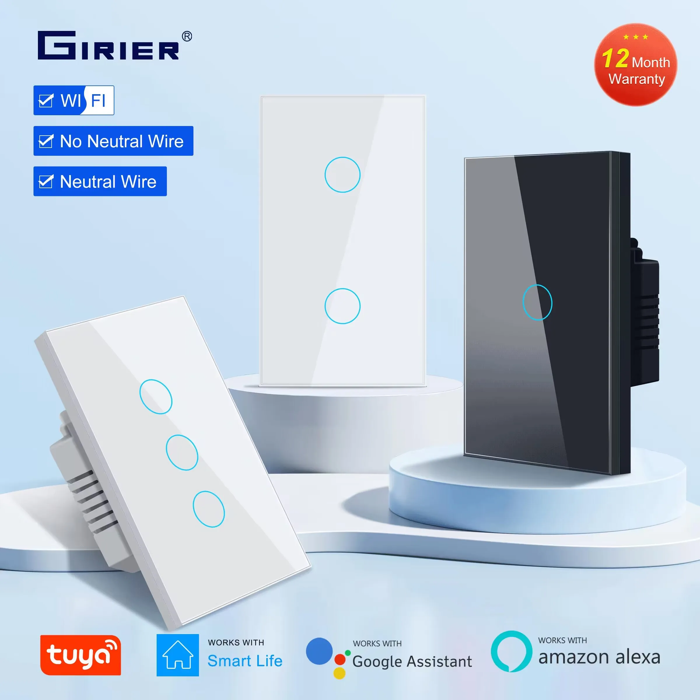 GIRIER Smart Wifi Touch-Schalter Kein Neutralleiter erforderlich Smart Home 1/2/3 Gang Lichtschalter 100-240V Funktioniert mit Alexa Hey Google Image