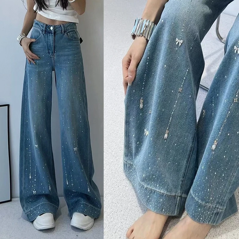 2026 Weite Jeans für Damen, Streetwear mit Diamanten und Schleife, Hohe Taille, Taschen, Vintage-Look, Bodenlange Hose, Gerade Geschnittene Denim-Hose Image