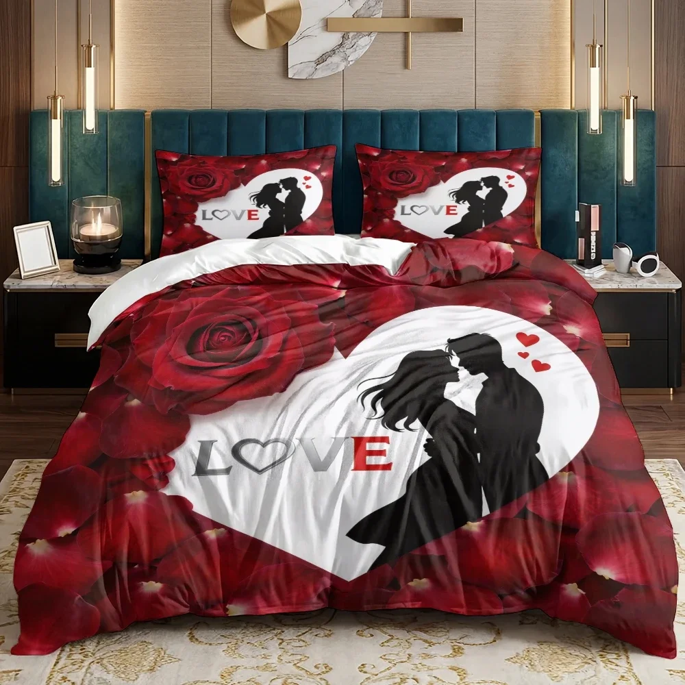 3-teiliges Set mit Rosen-Charakter-Silhouette, Valentinstags-Steppdecken-Set, einschließlich 1 Bettbezug und 2 Kissenbezügen (ohne Polsterung) Image