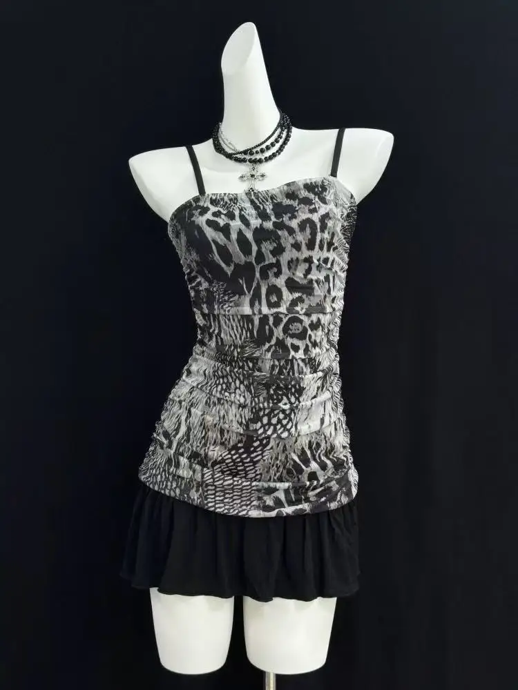 Vintage Harajuku Casual Chic Frauen Kleid Sexy Slim Fit Leopard Geraffte Design Mini Kleider Y2K Gothic Rock Streetwear Neue Outfits