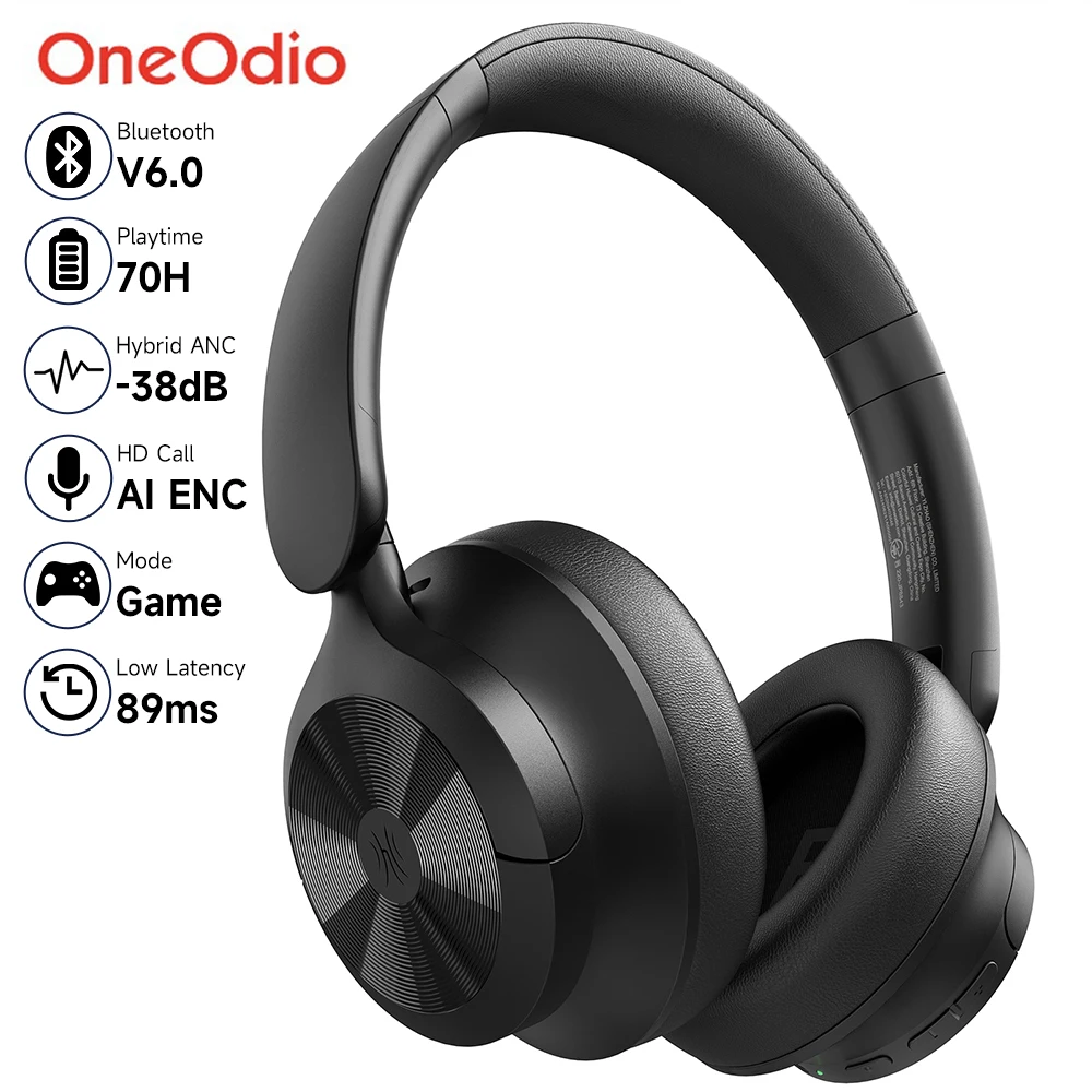 Oneodio A1 Pro Bluetooth 6.0 Cuffie ANC wireless On Ear Cuffie ibride con cancellazione attiva del rumore con microfono ENC Modalità a bassa latenza