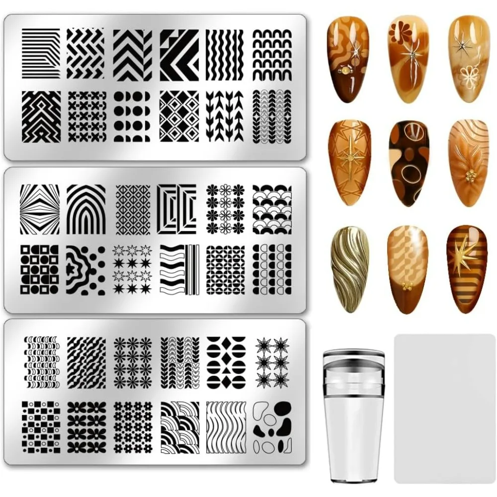 3-teiliges Geometrie-Nagelstempelplatten-Set, klassische Linien-Nagelkunst-Schablonen, Stern-Wellen-Textur-Schablonen, Edelstahl-Bildplatten-Werkzeug Image